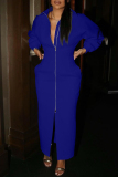 Blue Fashion Casual Solid Patchwork Slit Zipper Turndown Collar Long Sleeve Dresses
