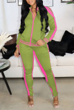Ink Green Casual Sportswear Solid Hollowed Out Patchwork Zipper Zipper Collar Long Sleeve Two Pieces