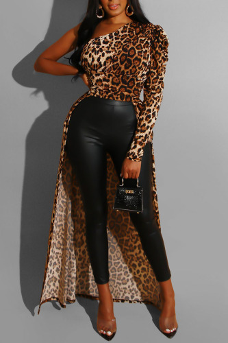 Leopard Print Sexy Print Leopard Patchwork Fold Asymmetrical Oblique Collar Dresses