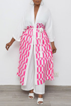 White Casual Geometric Print Split Joint With Belt Outerwear