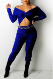 Colorful Blue Sexy Solid Split Joint Knotted V Neck Long Sleeve Two Pieces(Without Belt)