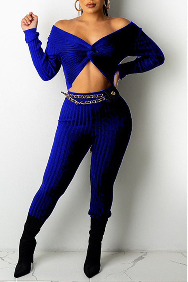 Colorful Blue Sexy Solid Split Joint Knotted V Neck Long Sleeve Two Pieces(Without Belt)