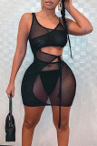 Black Fashion Sexy Solid Patchwork See-through U Neck Sleeveless Dress Dresses