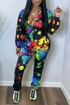 Black Casual Print Graffiti Patchwork Zipper Hooded Collar Long Sleeve Two Pieces