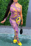 Purple Fashion Sexy Print Hollowed Out Backless O Neck Skinny Jumpsuits