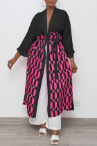 Black Casual Geometric Print Split Joint With Belt Outerwear