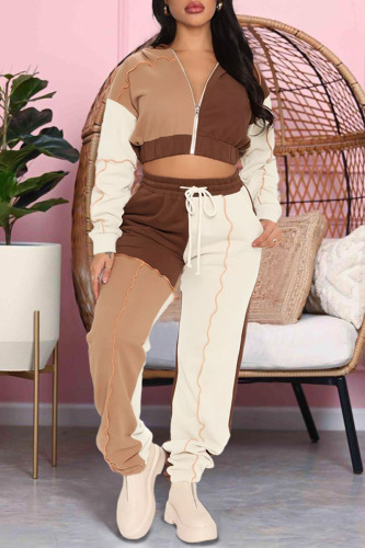 Khaki Casual Sportswear Solid Patchwork Zipper Hooded Collar Long Sleeve Two Pieces