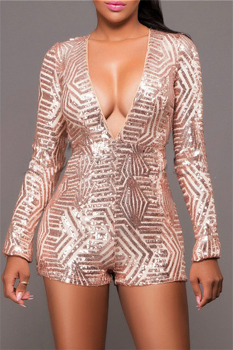 

Champagne Fashion Sexy Patchwork Sequins V Neck Regular Romper