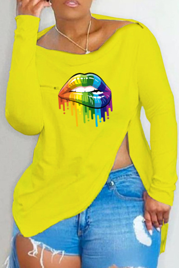 Yellow Fashion Casual Lips Printed Slit Asymmetrical Off the Shoulder Tops