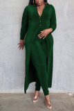 Ink Green Casual Solid Patchwork Buttons Turndown Collar Long Sleeve Two Pieces