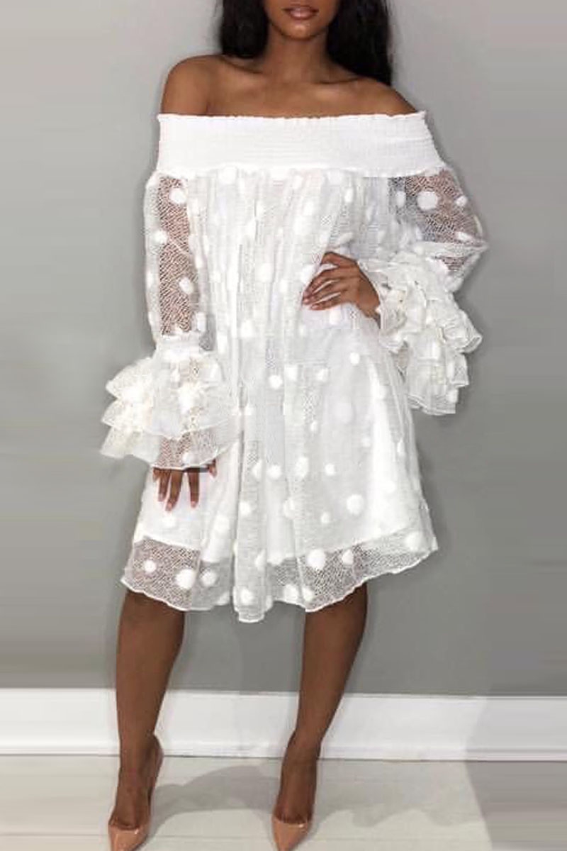 

White Sexy Sweet Party Cute Solid Polka Dot Mesh Off the Shoulder Cake Skirt Dresses