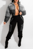 Black Gray Fashion Casual Patchwork Cardigan Zipper Collar Outerwear