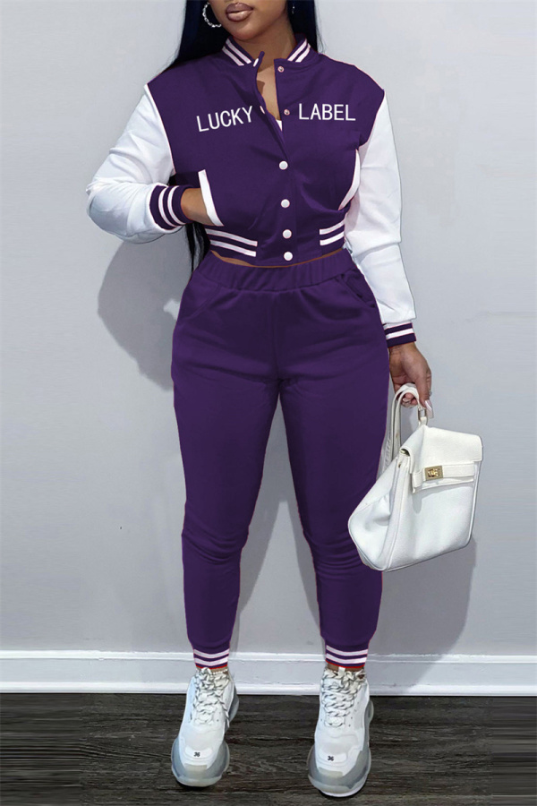 Purple Fashion Casual Letter Print Patchwork Long Sleeve Two Pieces