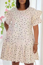 Apricot Fashion Casual Dot Print Split Joint O Neck Short Sleeve Dress Dresses