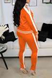 Orange Casual Sportswear Solid Hollowed Out Patchwork Zipper Zipper Collar Long Sleeve Two Pieces