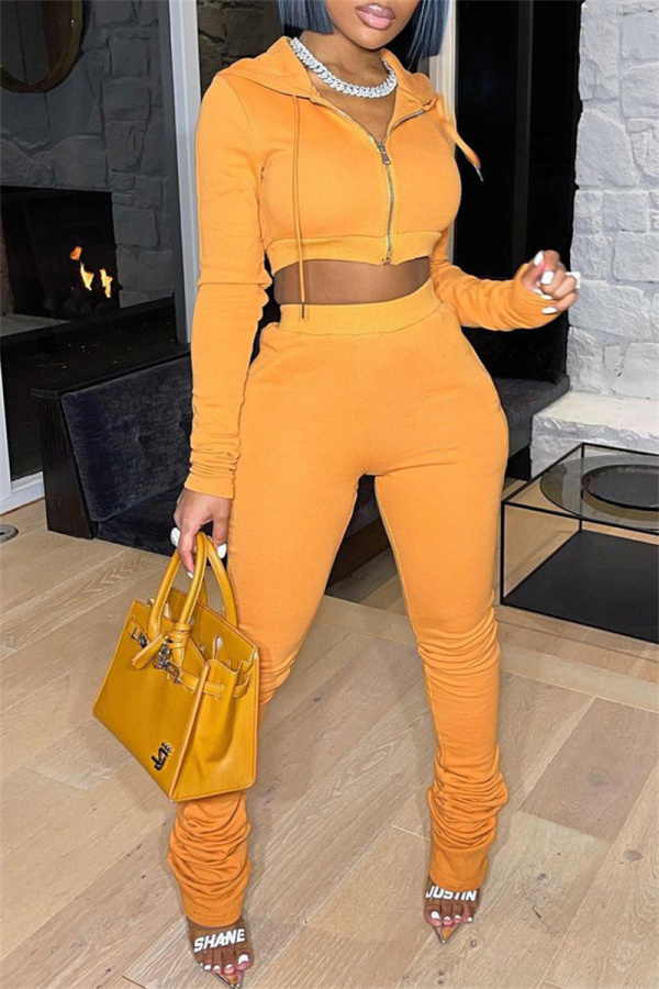 Yellow Fashion Casual Solid Fold Hooded Collar Long Sleeve Two Pieces