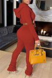 Red Fashion Casual Solid Fold Hooded Collar Long Sleeve Two Pieces
