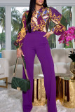 Purple Fashion Casual Print Basic Turndown Collar Tops