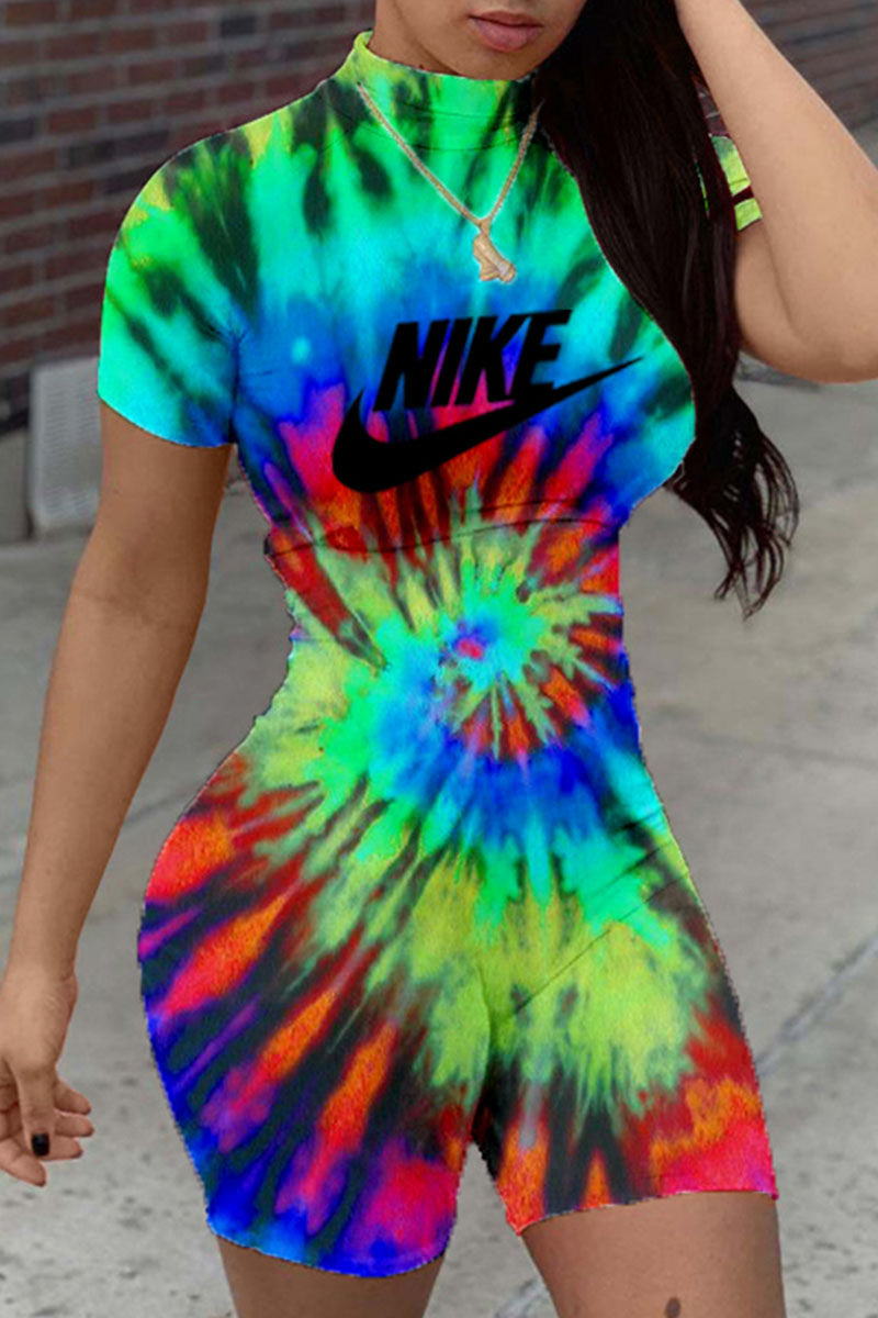 

Green Fashion Street Print Tie-dye O Neck Straight Jumpsuits