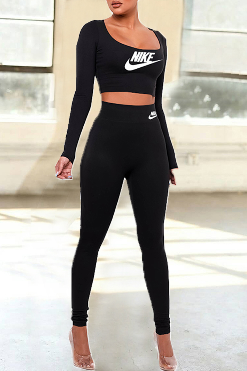 

Black Fashion Elegant Print Split Joint Square Collar Long Sleeve Two Pieces