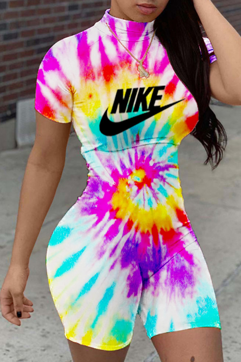 

White Fashion Street Print Tie-dye O Neck Straight Jumpsuits