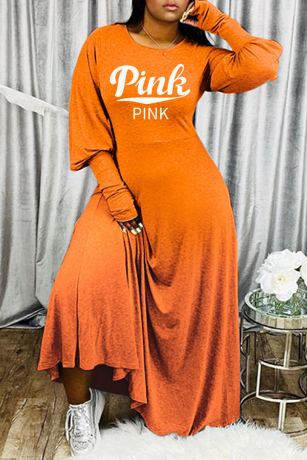 Orange Fashion Casual Letter Print Basic O Neck Long Sleeve Dresses
