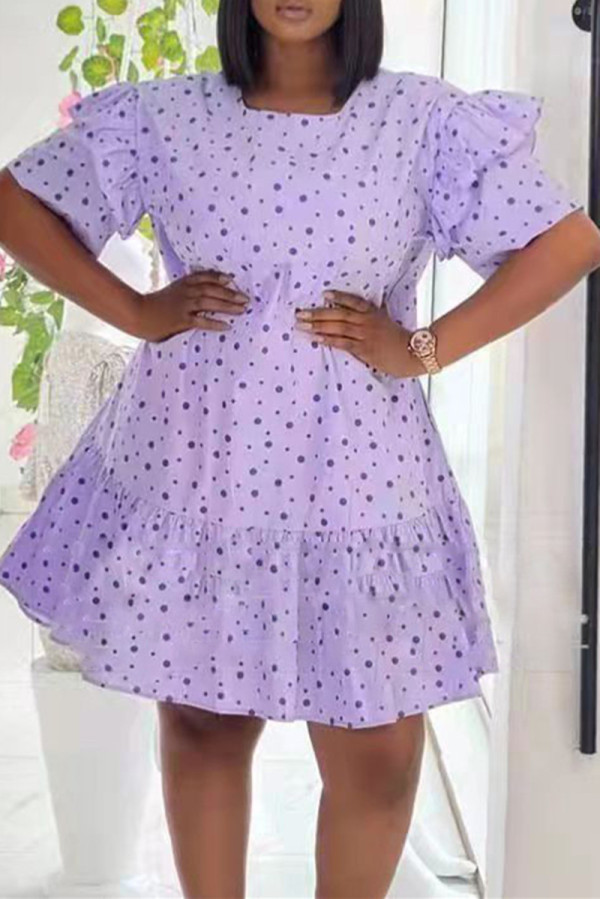 Purple Fashion Casual Dot Print Patchwork O Neck Short Sleeve Dress Dresses
