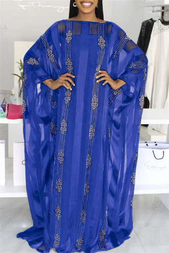 Blue Fashion Casual Solid Hot Drill O Neck Long Dress Plus Size Two Pieces