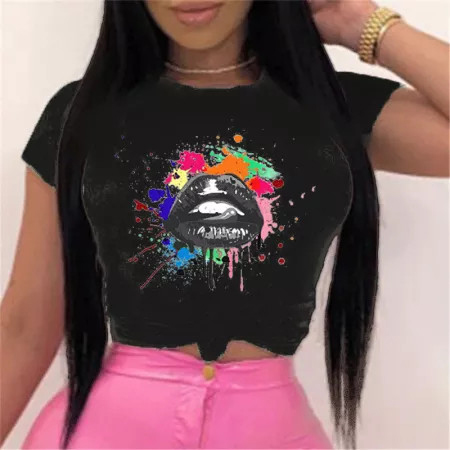 

Black Fashion Casual O Neck Short Sleeve Regular Sleeve Regular Lips Printed Tops