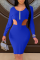 Blue Sexy Solid Hollowed Out Zipper Collar Pencil Skirt Dresses