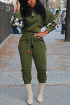 Army Green Fashion Casual Sports Patchwork Print Two Piece Suit
