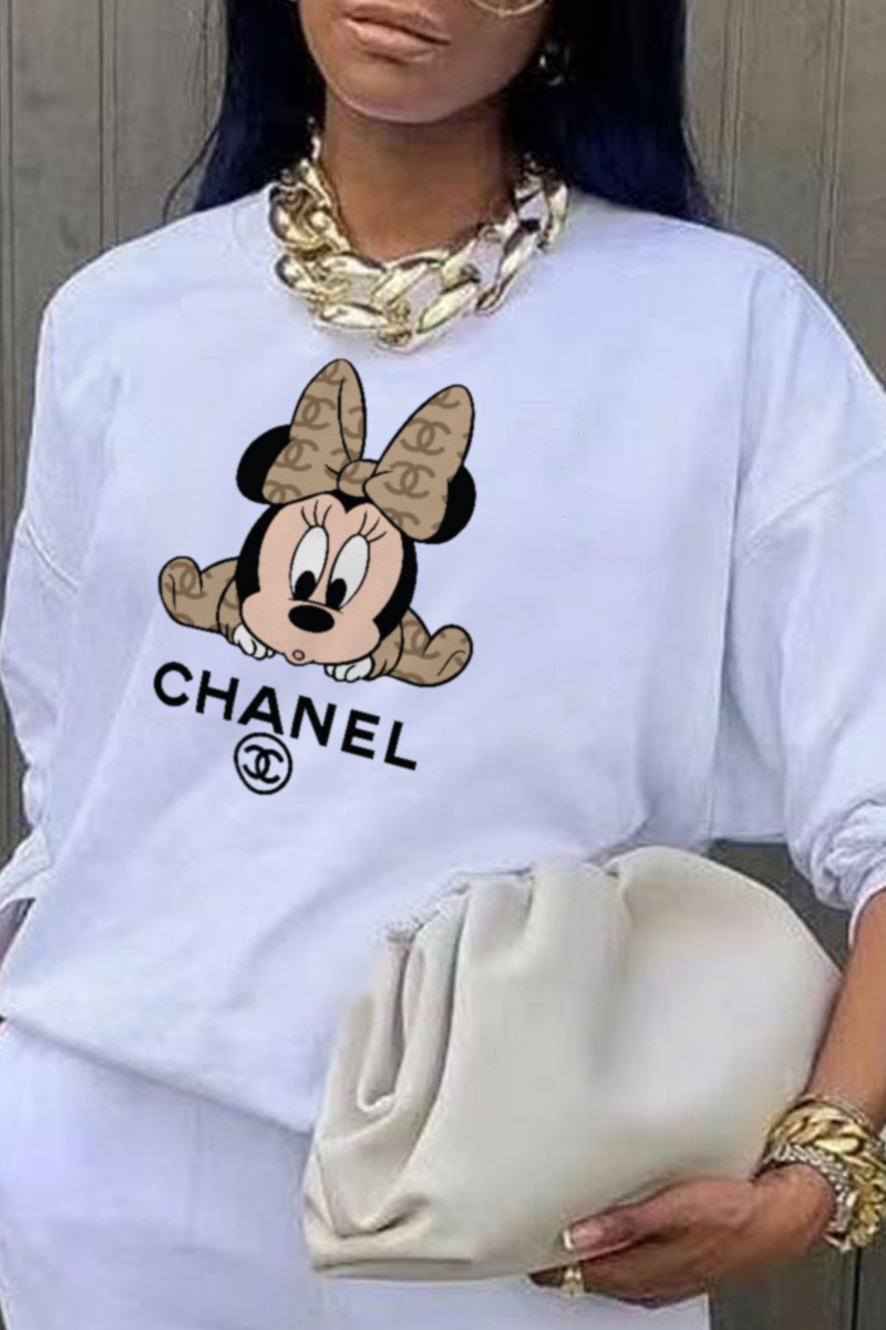 

White Fashion Casual Character Print Split Joint O Neck Tops