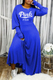 Blue Fashion Casual Letter Print Basic O Neck Long Sleeve Dresses