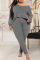 Grey Fashion Casual Solid Basic Oblique Collar Plus Size Two Pieces
