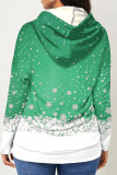 Green Casual Print Patchwork Hooded Collar Tops