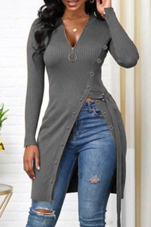 Grey Fashion Casual Solid Split Joint V Neck Tops