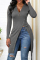 Brown Fashion Casual Solid Split Joint V Neck Tops