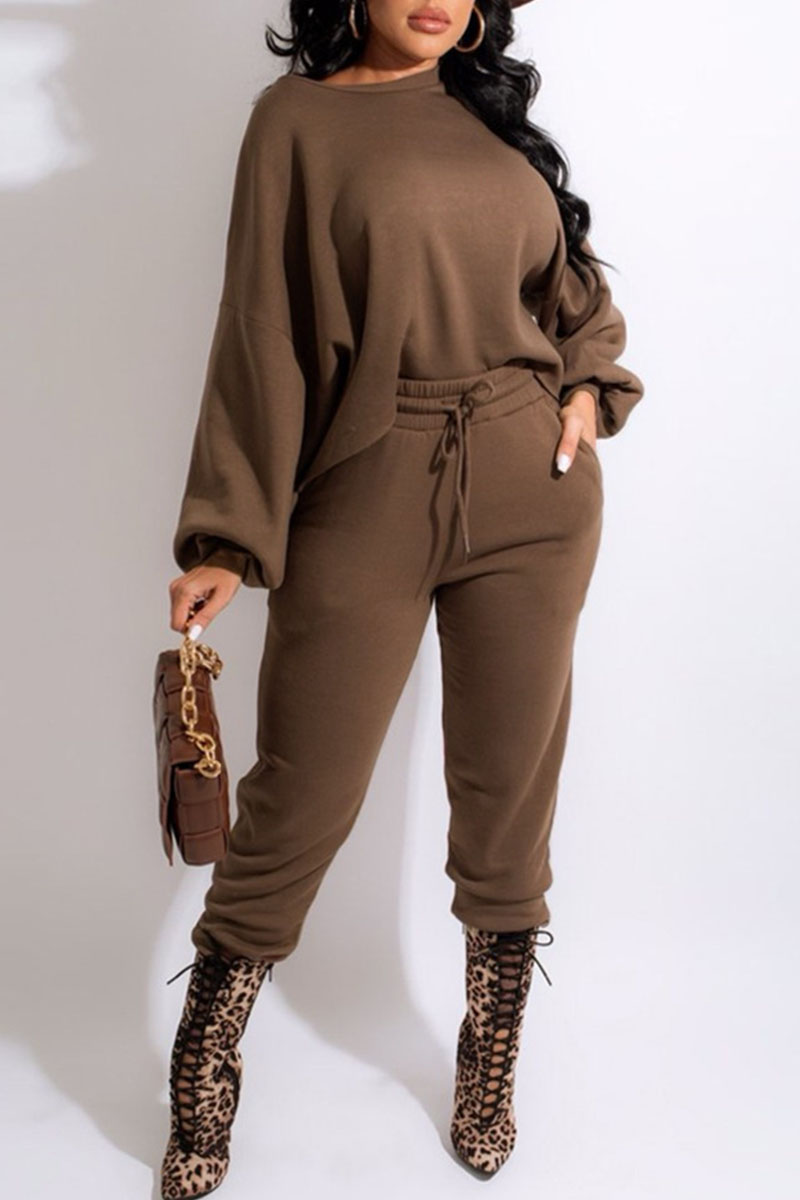 

Dark Brown Casual Solid Patchwork O Neck Long Sleeve Two Pieces