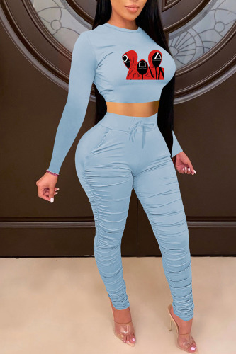 Baby Blue Casual Print Patchwork Fold O Neck Long Sleeve Two Pieces