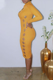 Yellow Sexy Solid Hollowed Out Patchwork Turtleneck One Step Skirt Dresses