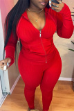 Red Fashion Casual Solid Basic Zipper Hooded Collar Long Sleeve Two Pieces