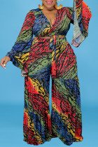 Multicolor Fashion Casual Print Bandage V Neck Plus Size Two Pieces