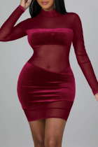 Burgundy Sexy Solid Split Joint See-through Mesh Half A Turtleneck One Step Skirt Dresses