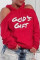 Red Fashion Casual Letter Print Hollowed Out Slit Hooded Collar Tops