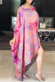 Pink Fashion Casual Regular Sleeve Long Sleeve O Neck Printed Dress Floor Length Print Tie Dye Dresses
