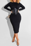 Black Sexy Solid Patchwork O Neck One Step Skirt Dresses