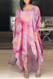 Pink Fashion Casual Regular Sleeve Long Sleeve O Neck Printed Dress Floor Length Print Tie Dye Dresses