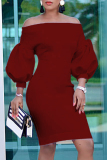 Burgundy Fashion Casual Solid Backless Off the Shoulder Long Sleeve Dresses