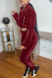 Burgundy Fashion Casual Solid Patchwork Zipper Hooded Collar Long Sleeve Two Pieces