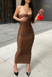 Brown Fashion Sexy Solid Backless Strapless Long Dress